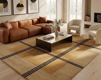 Beige Plaid Wool Rug | Handmade Tufted Carpet | Living Room Area Rug | Modern Minimalist Scandinavian Decor