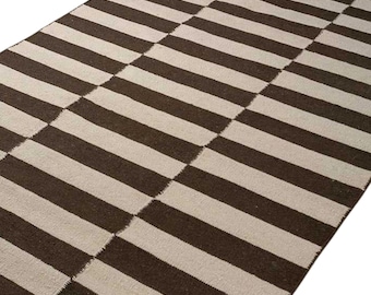 Kilim Handwoven Wool Geometric Area Rug, Scandinavian Flatweave,Nordic knots rug brown blue ,checkered pattern Design 12x15 custom size