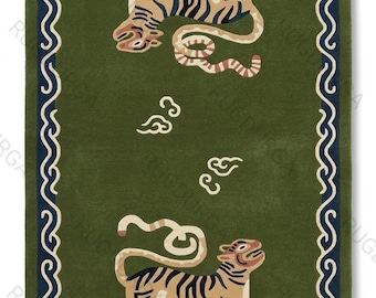 Tibetan Tiger Rug | Handmade Wool Carpet | Living Room Area Rug | Green Maximalist Decor Nordic knots 8x10