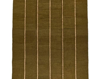 Handwoven Olive Green Striped Wool Rug: Boho Nordic Minimalist Decor, Custom Size Nordic 8x10 9x12
