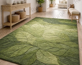 Handmade Green Leaf Wool Rug, Modern Botanical Embossed Carpet