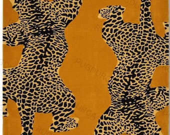 Leopard Print Wool Rug | Handmade Area Rug | Living Room Carpet | Bold Animal Pattern Modern Decor| Nordic knots 8x10