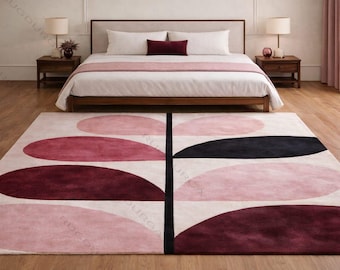 Geometric Wool Area Rug 8x10, Pink Burgundy Tufted Rug, Handmade