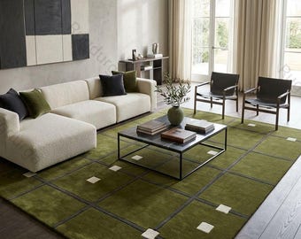 Olive Green Geometric Wool Rug | Handmade Wool Carpet | Living Room Area Rug | Modern Minimal Decor| custom size 8x10