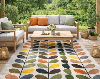 Mid Century Modern Leaf Rug 5x7 Ft | Handmade Tufted Wool Area Rug | Botanical Living Room Bedroom Decor Carpet 8x10 feet