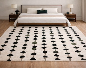 Modern Tufted Wool Area Rug, Black & Green Geometric Design, Handmade