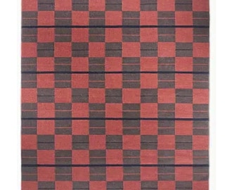 Rust and Charcoal Checkered Kilim Rug, Handwoven Wool Area Rug, Terracotta Checkerboard Flatweave, Dark Academia Decor,8x10 custom sizes