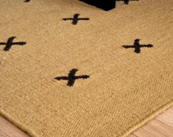 Handwoven Wool Kilim Rug, Mustard Yellow Geometric Flatweave, Scandinavian Nordic Design 9x12