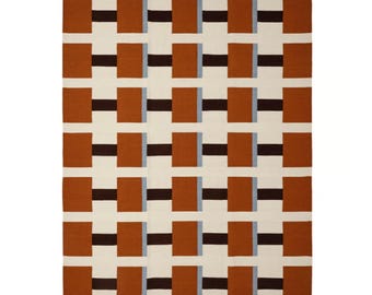 Handwoven Scandinavian Geometric Rug: Cream, Brown, Blue Wool Flatweave Nordic style
