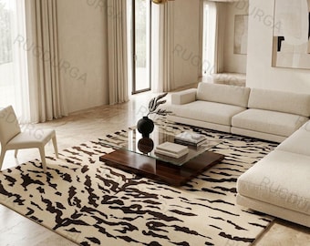 Cowhide Pattern Wool Rug | Handmade Area Rug | Living Room Carpet | Modern Minimal Neutral Decor 8x10 9x12 custom size