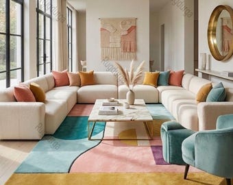 Abstract Geometric Wool Rug | Handmade Area Rug | Living Room Carpet | Modern Color Block |Decor Statement Carpet | Nordic knots 8x10