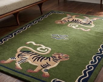 Green Tiger Wool Rug | Handmade Area Rug | Living Room Statement Carpet | Modern Artistic Decor Nordic knots 8x10