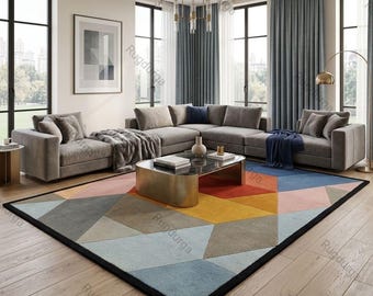 Handmade Geometric Abstract Wool Rug | Premium Wool | Living Room Area Carpet | Modern Mid Century Decor| custom size 8x10