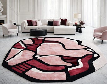 Modern Abstract Wool Area Rug, Pink Burgundy, Handmade