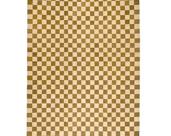 Beige & Olive Checkered Handwoven Wool Rug, Flatweave Minimalist Design Nordic knots 8x10