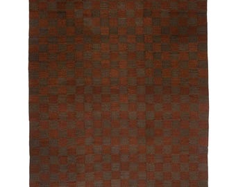 Scandinavian Design Wool Rug: Handwoven Brown Burgundy Checkered Nordic Minimalist Flatweave, custom sizes 9x12 12x15
