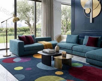 Abstract Circle Wool Rug | Handmade Area Rug | Living Room Carpet | Modern Geometric Artistic Decor |Nordic knots 8x10