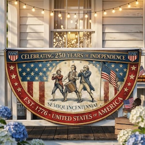 May include: A patriotic banner celebrating 250 years of independence. The design features the American flag, illustrations of historical figures, and the text "CELEBRATING 250 YEARS OF INDEPENDENCE" and "EST. 1776 UNITED STATES OF AMERICA".