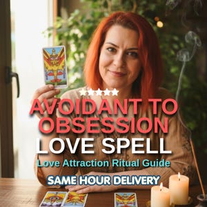 May include: A woman with red hair holds a tarot card with a colorful design. The text "Avoidant to Obsession Love Spell" is displayed in red. Two lit candles and other tarot cards are on the table.