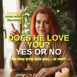 May include: An image featuring a woman with red hair, pointing upwards. Text overlay reads "DOES HE LOVE YOU? YES OR NO" and "Do they truly love you... or not?" with a "SAME HOUR DELIVERY" banner. Tarot cards and lit candles are visible.