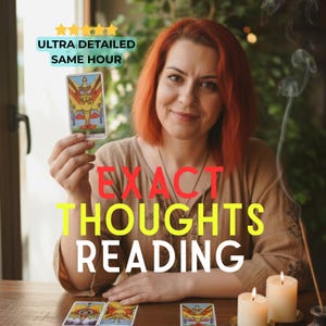 May include: A woman with red hair holds a tarot card with a detailed illustration. The image includes the text "EXACT THOUGHTS READING" in large letters, with additional text "ULTRA DETAILED SAME HOUR". Lit candles and other tarot cards are on the table.