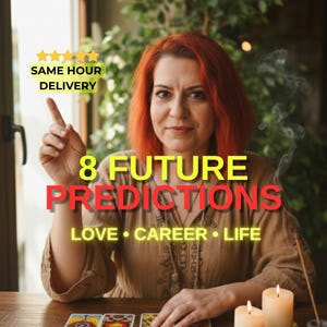 May include: An image promoting future predictions. The text reads "8 FUTURE PREDICTIONS" in yellow and red, with "LOVE • CAREER • LIFE" below. A woman with red hair points upwards. The image also includes the text "SAME HOUR DELIVERY".
