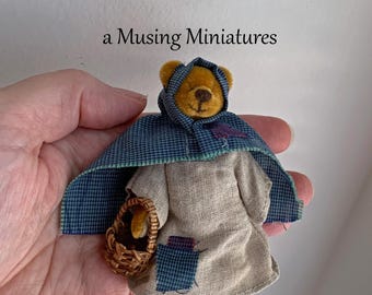 Only ONE Artist Signed Miniature Forest Bear with Basket for Dollhouse