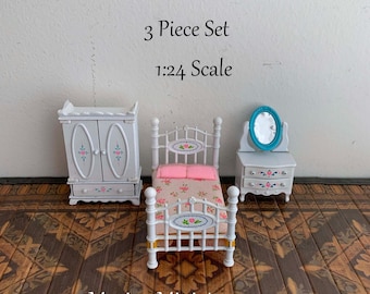 Vintage Miniatur Schlafzimmer Möbel 3-teiliges Set von Mattel aus der Littles Linie von 1:24 Die Cast Metal