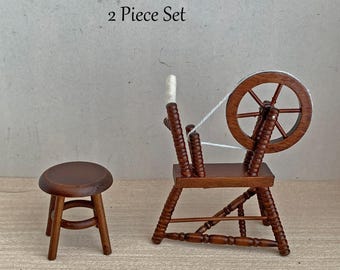 Spinning Wheel and Stool for 1:12 Scale Dollhouse Miniature Medieval Tudor or Colonial Roombox