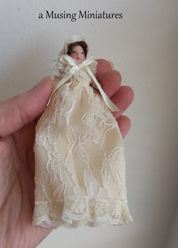 Dolls House Victorian Baby Boy in Blue Christening Gown Miniature
