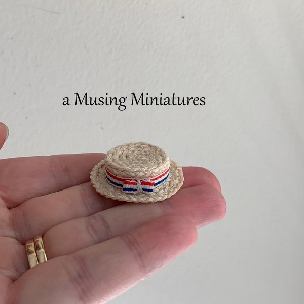 Straw Boater Hat with Patriotic Band for 1:12 Scale Dollhouse Miniature Gentleman or Barbershop Quartet