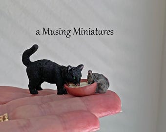 Miniature Cat and Mouse Sharing Bowl of Cream for 1:12 Scale Halloween Dollhouse Witch
