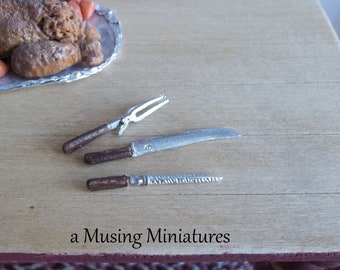 Miniature English Carving Set 3 Piece for 1:12 Scale Dollhouse Holiday Thanksgiving or  Christmas Dinner