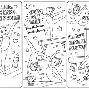 May include: Black and white illustrations of gymnasts in action, with motivational text. Captions include "Dream Big. Work Hard. Shine Bright!", "You've Got This!", and "Eat. Sleep. Gymnastics. Repeat!" Other text includes "Believe! Practice! Achieve!" and "Proud Gymnast!"
