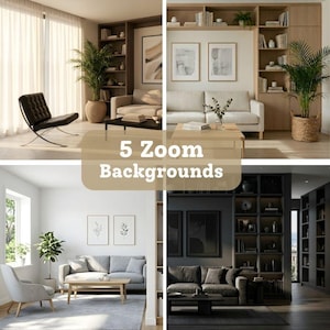 May include: A composite image presenting five distinct living room designs, each with a unique aesthetic. The rooms feature diverse styles, from modern to minimalist, with neutral colour schemes, furniture, and decorative items. The text "5 Zoom Backgrounds" is displayed.