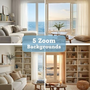 Puede incluir: Imagen compuesta que muestra cinco fondos de Zoom diferentes. Los fondos presentan escenas interiores y exteriores, incluyendo una sala de estar con vista al océano, un balcón con vistas al mar y habitaciones con estanterías. El texto "5 Zoom Backgrounds" está superpuesto.