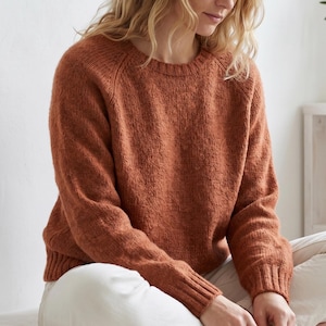 May include: A rust-colored long-sleeve knit sweater featuring a crew neckline, raglan sleeves, and ribbed cuffs and hem. The garment is crafted from a textured yarn with a consistent knit pattern throughout the body and sleeves.