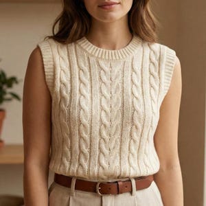May include: Cream-colored cable knit sweater vest with a crew neck. The sleeveless vest features a brown leather belt with a silver buckle. The knitwear has a textured, vertical cable pattern.