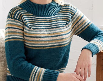 May include: A long-sleeved knit jumper featuring a deep teal base colour with horizontal stripes in shades of mustard yellow, cream, and light blue. The garment has a ribbed mock neck collar, ribbed cuffs, and a ribbed hem, with a consistent knit texture.