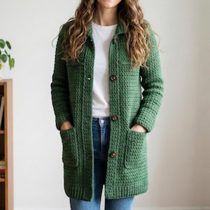 Könnte beinhalten: Eine grüne Häkeljacke mit Knopfleiste, zwei Vordertaschen und einem Kragen. Die Jacke ist knielang und hat lange Ärmel. Die Knöpfe sind braun. Die Person trägt ein weißes T-Shirt und blaue Jeans.