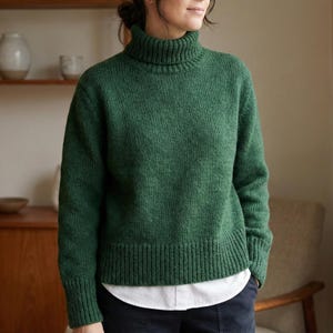 May include: A green turtleneck sweater with ribbed cuffs and hem. The sweater is a solid, medium green color and appears to be made of a soft, knitted material. A white collared shirt is visible underneath the sweater.