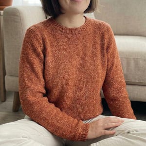 以下が含まれることがあります： クルーネックと長袖の、錆色のニットセーター。セーターは質感があり、柔らかく快適な素材で作られています。袖は手首で終わります。セーターはカジュアルな普段着です。