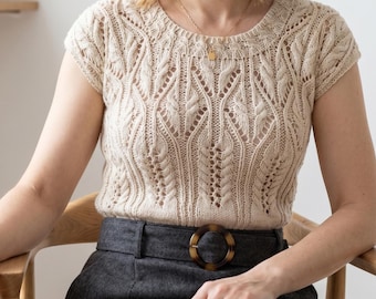 Lace Knit Top Pattern, Textured Cable Summer Sweater, Short Sleeve Pullover (PDF)