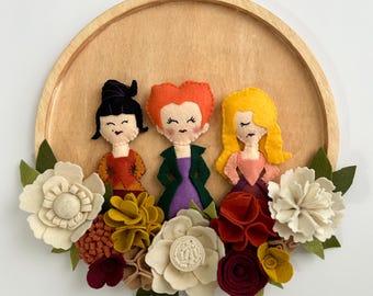 Hand Stitched Sisters Wreath, Felt Flowers, Fall Decor