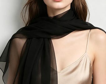 100% Mulberry Silk Scarf for Women, Long Black Silk Shawl 180x30cm, Lightweight Evening Wrap, Luxury Sheer Scarf, Gift for Her, Chiffon Silk