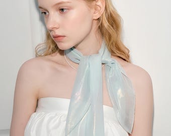 Lenço de seda transparente iridescente, sereia brilhante, prendedor de cabelo, lenço quadrado de chiffon, acessórios para festivais, faixa de cabeça em tons pastel degradê, presente exclusivo.
