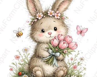 Paquete de imágenes prediseñadas PNG de animales del bosque primaveral y caprichoso - Gráficos de celebración floral de jardín - Diseños de sublimación