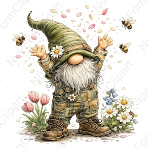May include: A watercolour illustration of a garden gnome with a long white beard, wearing a green hat and plaid overalls. Bees and flower petals surround the gnome, with pink tulips and white daisies at the base.