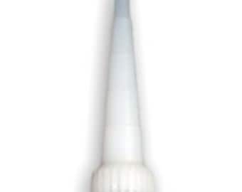 May include: A white plastic conical nozzle attachment featuring a threaded base with vertical ridges. The applicator tip tapers to a narrow opening, designed for precise dispensing of liquids or pastes from a compatible container.