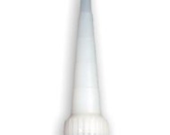 May include: A white plastic applicator nozzle with a long, tapered tip and a ribbed, cylindrical base designed for attachment to a tube or bottle. The component features a smooth, conical shape that narrows toward the top opening.